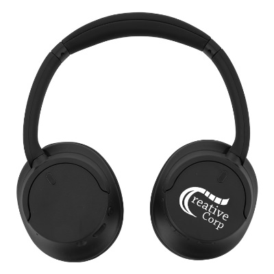Black plastic headphones with a custom imprint.
