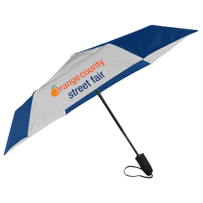 Navy with white shed rain windjammer vented auto open-close compact umbrella with custom full color imprint.