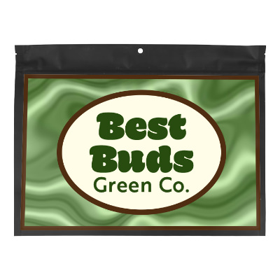 Black barrier bag with custom full color imprint.