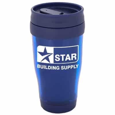 Plastic blue tumbler with custom imprint in 16 ounces.