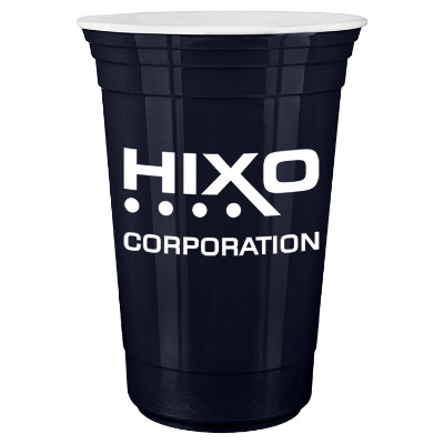 Plastic tumbler with custom branding in 16 ounces.