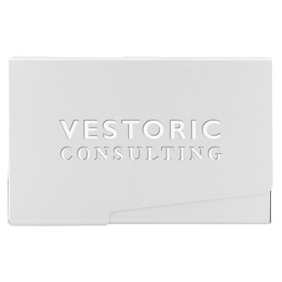 Aluminum business card holder with engraved imprint.