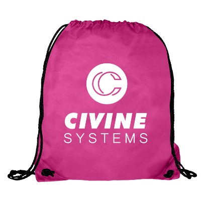 Polyester raspberry drawstring with imprinted logo.