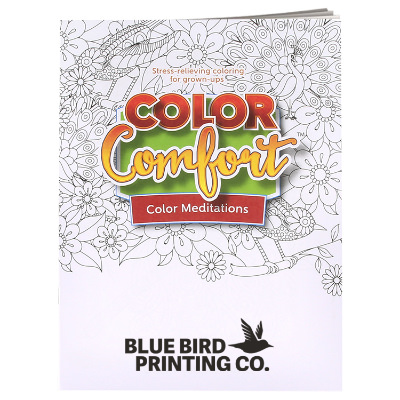 Multicolored paper coloring book with a custom imprint.