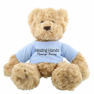 Plush and cotton light blue hold a bear-tan with printed logo.