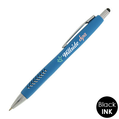 Textured grip pen with chrome accents and personalized logo.