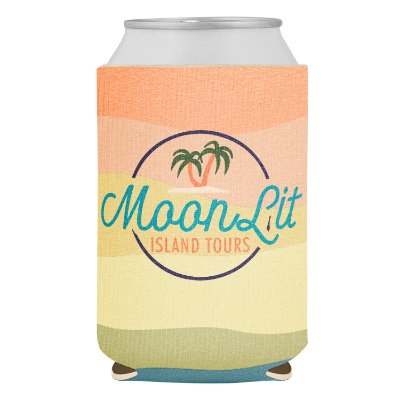 Boho coastal can cooler with custom full color imprint.