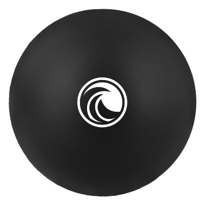 Black plastic massage ball with a custom logo.
