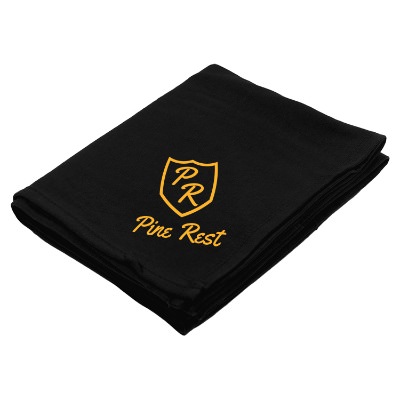 Black cotton polyester blend sweatshirt blanket with customized imprint.