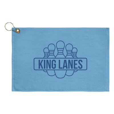 Blue golf towel with custom tone on tone imprint.