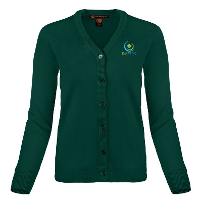 Green cardigan with custom embroidered logo.