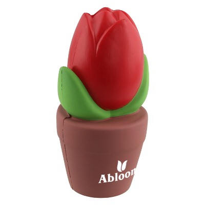 Brown with red foam stress ball with a branded imprint.