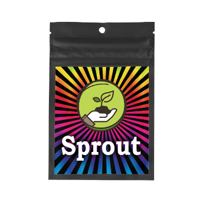 Black barrier bag with custom full color imprint.