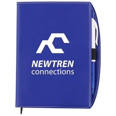 Polyurethane blue hannah journal with pen and imprinting.