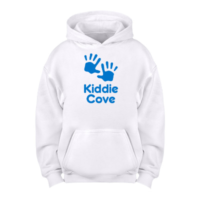 White customized youth hooded sweatshirt.