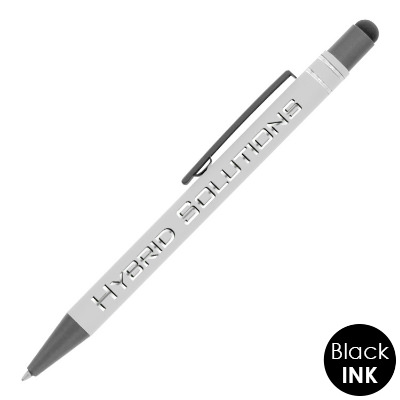 Custom engraved pen with rubberized finish and chrome trim.