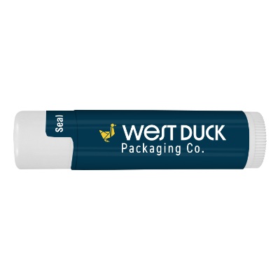 White plastic lip balm with a personalized logo.