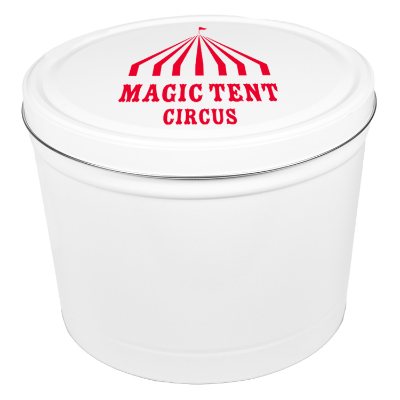 Branded white two gallon trio popcorn tin.