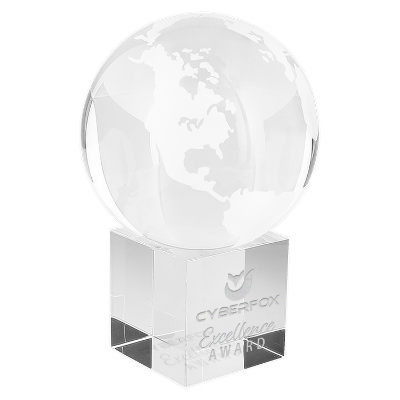 Crystal award with custom laser engraved imprint.