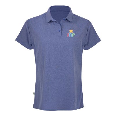 Custom full color logo on light royal heather women's polo.