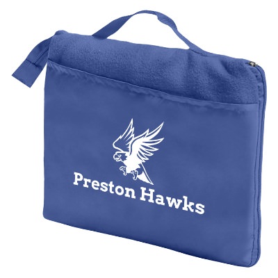 Custom printed royal blue fleece blanket that can fold into a zipper closure with a handle.