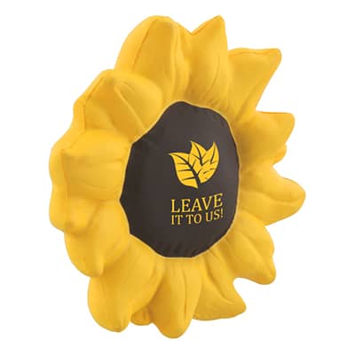 Foam sun flower stress ball with personalized imprint.