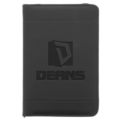 Black windsor junior zippered padfolio with custom debossed logo.
