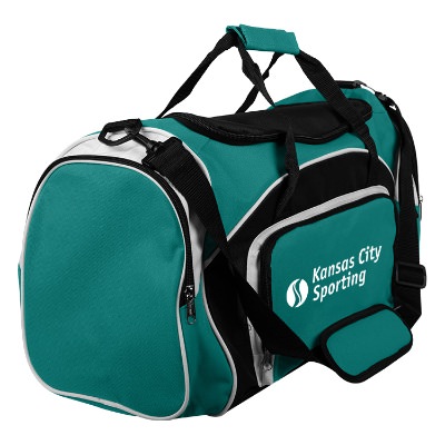 Teal gym bag with personalized white imprint.