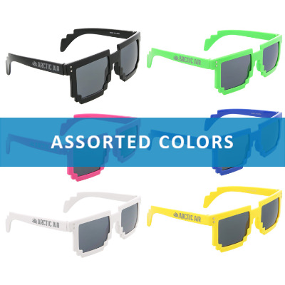 Pixalated plastic sunglasses with promotional logo.