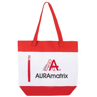 Polyester red flashy color tote with customized full color imprint.