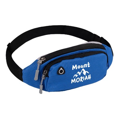 Blue waist pack with black accents and custom logo.