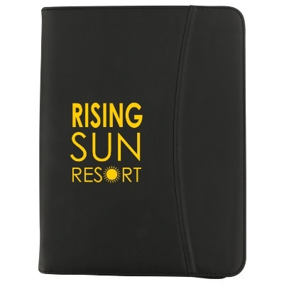 Polyurethane leather black zipped portfolio with logoed imprint.