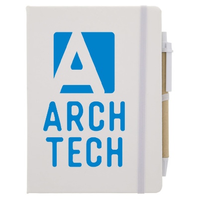 Personalized white notebook with sticky notes and flags.