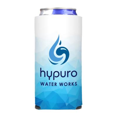 Foam navy blue slim can cooler with custom full-color logo.