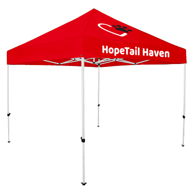 Red 10-ft. tent with custom imprint.