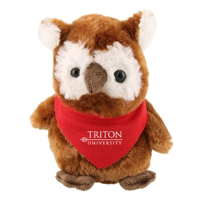 Plush and cotton owl with red bandana with personalized logo.