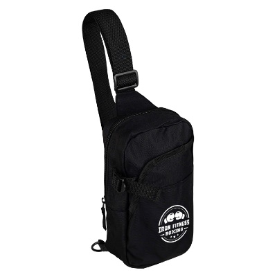 Black sling bag with personalized white imprint.