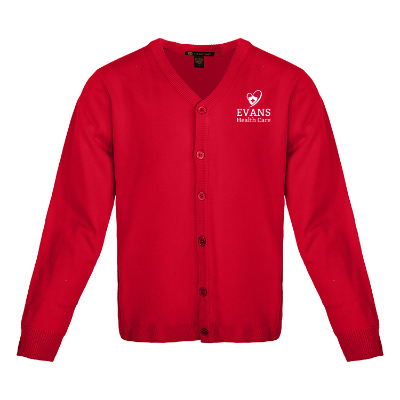 Red cardigan with custom logo.