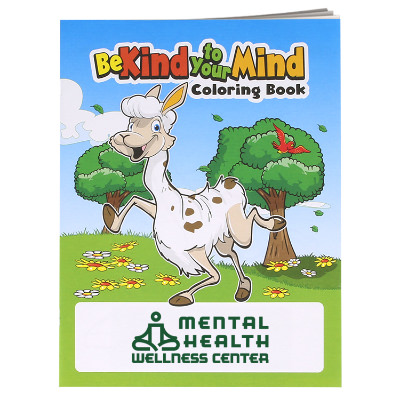 Multicolored paper coloring book with a custom imprint.