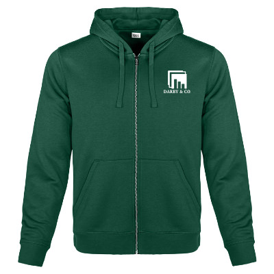Bottle green zip up jacket with custom imprint.