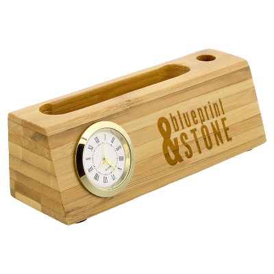 Bamboo desk organizer with clock and laser engraved imprint.