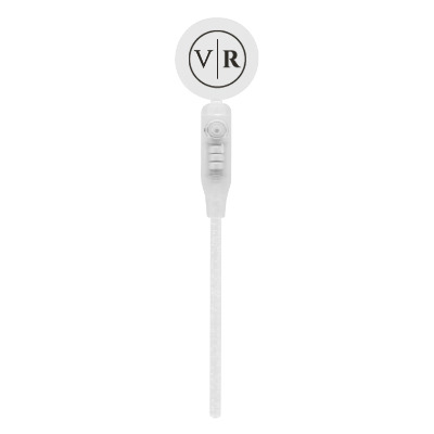 White plastic stir stick with a branded logo.