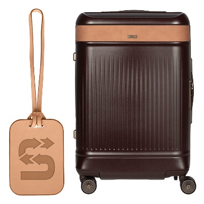 Brown hard case carry-on with custom engraved logo.