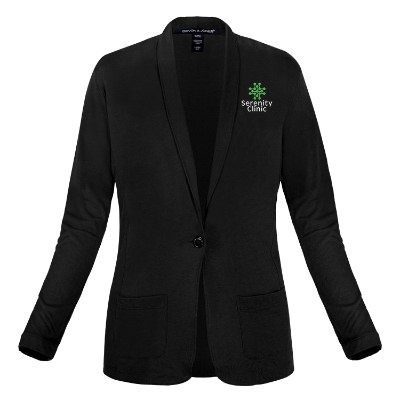 Custom black cardigan with embroidered imprint.