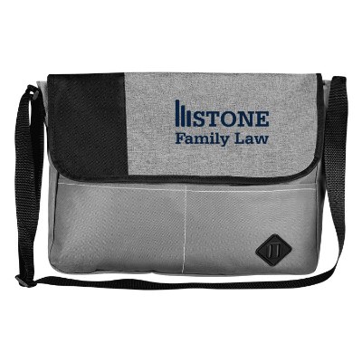 Gray messenger bag with pockets and personalized logo.
