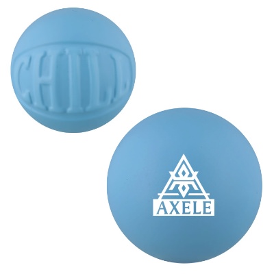 Blue foam stress ball with a custom logo.
