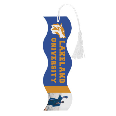 White cardstock bookmark with a custom logo.
