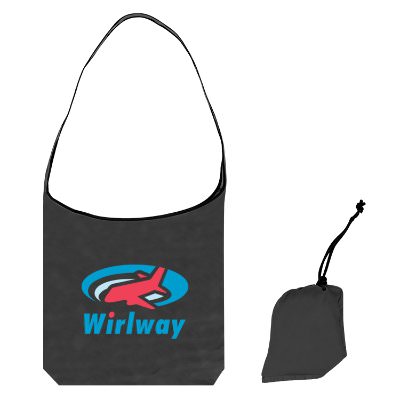 RPET black foldable tote bag with custom full-color artwork.