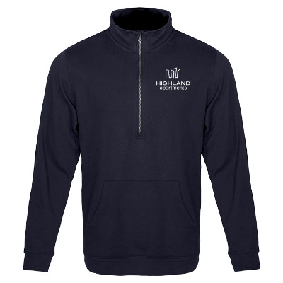 customized logo on navy half-zip sweatshirt.