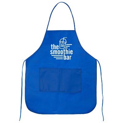 Royal blue apron with customized kitchen logo.